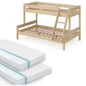 Lit superposé Everest, Naturel bois, 120x200 / 80x200 cm avec 2 matelas Vitalispa