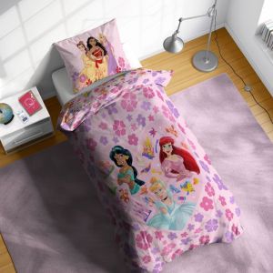 Disney Princesses Floral 100% Coton Parure de Lit Simple - Inclus Taie dOreiller 50 x 70 cm