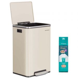 Poubelle de cuisine 50 litres avec 15 sacs poubelle en acier seau int&eacute;rieur amovible en plastique avec couvercle poign&eacute;es fermeture en douceur beige