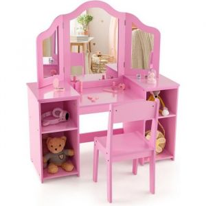 COSTWAY 2 en 1 Coiffeuse et Chaise Enfants avec Miroir Amovible à Trois Volets, Table de Maquillage Princesse avec 4 Compartiments de Stockage,