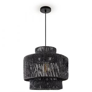 Image de Paco Home - Suspension Table à Manger Papier Boho Lampe Suspendue Lampe E27 Rotin Lampe à suspension - Noir, Noir (Ø40cm)