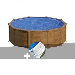 Gre Kit piscine acier aspect bois Sicilia ronde 3,20 x 1,22 m + Tapis de sol