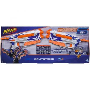 Image de Hasbro Jeu Plein Air Coffret 2 Pistolets Splitstrike Blanc BLeu Et Orange N-Strike Elite Avec 8 Flechettes - 2 en 1 - Jouet Enfant