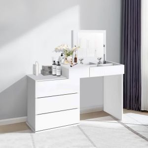 Image de Coiffeuse Table de Maquillage Blanc avec Miroir Pliant 117,5 x 78 x 45 cm, 4 Tiroirs et 4 Compartiments, Table de Toilette Murale, Coiffeuse Commode