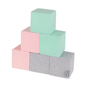 KiddyMoon Blocs Mous pour Bébé 6 Pièces Cubes De Construction en Mousse 14Cm, Cubes: Gris Clair/Rose/Menthe