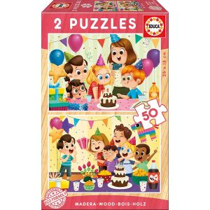 Educa Puzzle Bois 2X50 Fête D'Anniversaire Puzzle Bois 2X50 Fête D'Anniversaire - Garçon et Fille - A partir de 4 ans