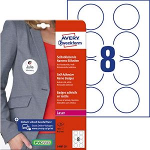 Avery Zweckform L4881-20 Lot de 160 &eacute;tiquettes nominatives autocollantes en soie d'ac&eacute;tate Blanc &Oslash; 65 mm sur DIN A4