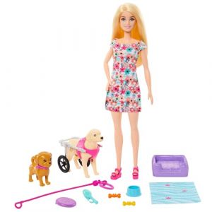 Mattel Coffret Poupée avec 2 Figurines Chien, Chariot Amovible, Roues Fonctionnelles, 10 Pièces, Accessoires Animaux Inclus, Jouet Enfant, A Partir De 3 Ans, HTK37