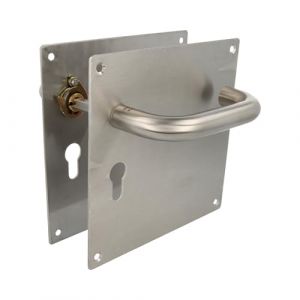 Amig - Jeu de poignées avec plaque pour porte | Poignée avec serrure à clé à 47 mm | Mod. 3CB47 | Acier inoxydable 18/8 | 180 x 180 mm | Carré de 8 mm | Argenté mat