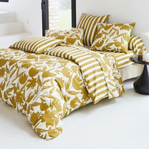 Drap plat, motif tulipes et rayures MARTIKA 180x290 jaune ocre
