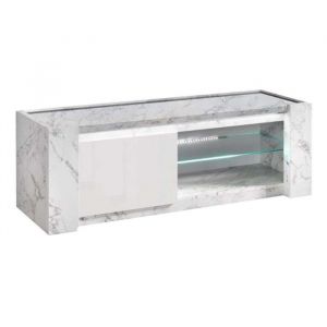 Prava - Meuble tv 1 Porte 150cm Laqu&eacute; Blanc et Effet Marbre avec Leds