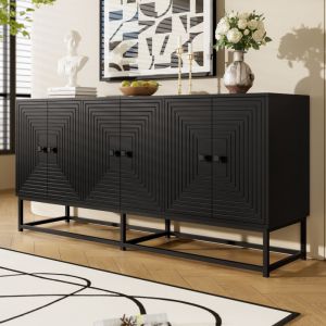 Buffet moderne 160x38x75,5 cm - 6 portes - Grand espace de rangement - Finition mate - Panneaux de particules - Noir