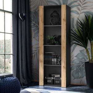 Vitrine Armoire Tivoli, Wotan/Noir, Largeur 55cm x Hauteur 159cm x Profondeur 35cm, 3 étagères, sans led, pour Salon, Chambre, Entrée - Komodee