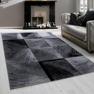 Teppium Tapis de Salon à motif à carreaux symétrique Noir Tapis 280x370 cm - Poil Court Moelleux et Tendance