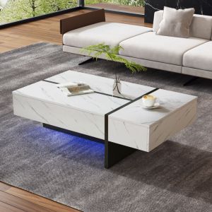 Table basse 105x60x35 cm LED contr&ocirc;lable par application plateau laqu&eacute; effet marbre panneau de particules blanc