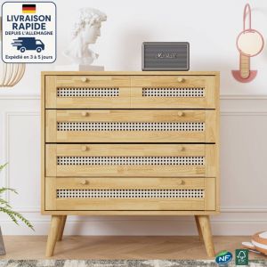 Commode rotin - Commode à 3 tiroirs avec dessus de tiroirs et abattant inférieur en rotin - Couleur naturelle