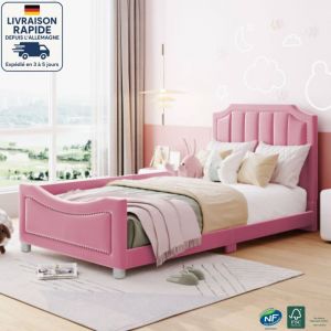 Lit enfant 90x200 cm canap&eacute;-lit rembourr&eacute; en flanelle &ndash; Lit multifonction avec accoudoirs et dossier, lit d&rsquo;appoint parent-enfant, Rose