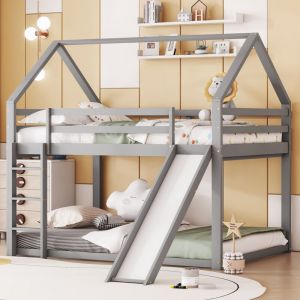 Lit superposé cabane avec toboggan et échelle - 140x200cm - cadre en pin massif - Gris
