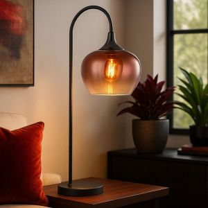 Globo Lighting Lampe de table Lampe de table en verre transparent Lampe de salon Lampe d'appoint couleur cuivre, métal, douille E27, LxlxH 27,5x16x54 cm