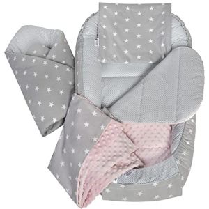 Image de Medi Partners 5 éléments Cocon de Bébé 100x60x15cm 100% Coton Baby Nest Reducteur de lit Bébés Oreiller Couverture Insert Amovible (Étoiles Grises avec Minky Rose Clair)