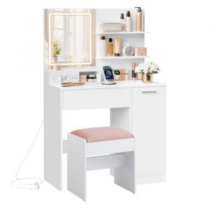 Coiffeuse avec tabouret avec 2 &eacute;tag&egrave;res r&eacute;glables blanc