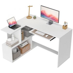 Homcom Bureau d'angle en L - avec étagères de rangement, plateau à clavier coulissant - 120x100x76cm - blanc