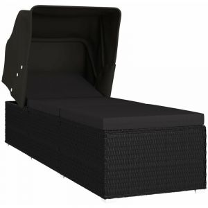 Transat chaise longue bain de soleil lit de jardin terrasse meuble d'extérieur avec auvent et coussin résine tressée noir 02_0012275