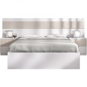 Tête de lit + 2 tables de nuit avec 2 tiroirs + structure de lit 140X190 coloris imitation lamelles, blanc - Longueur 248 x Profondeur 195 x Hauteur 96 cm