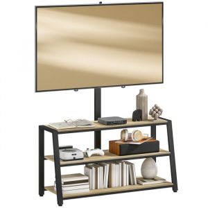 Homcom Meuble tv avec support orientable 35° - compatible tv 32-65 pouces max - 3 étagères - acier noir effet bois clair