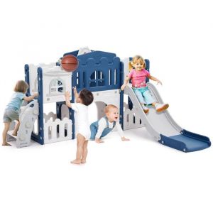 Toboggan pour Enfant 8 en 1, Ensemble Toboggan avec Espace de Cache-Cache, Échelle d'escalade, Panier de Basket, Télescope et Tunnel de Jeu pour