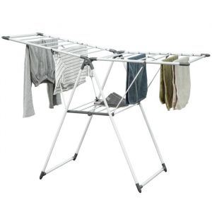 Homcom &Eacute;tendoir &agrave; linge pliant pont - s&eacute;choir pliable r&eacute;glable L.156 x P.61 x H.97 cm - m&eacute;tal blanc plastique gris