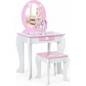 Image de Coiffeuse pour Enfant Table de Maquillage avec Tabouret, Miroir Détachable et 1 Tiroir de Rangement Style Princesse Blanc - Costway