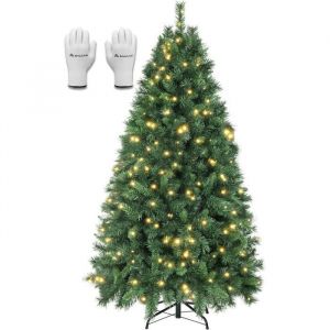 Salcar Sapin de Noël Artificiel Lumineux 210cm, Arbre de Noel avec 380 led, 868 Pointes de Branche, Gants et Pieds de Sapin de Noël en Métal,