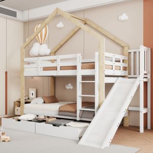 Lit superposé 90x200cm - lit cabane enfant avec 2 tiroirs, toboggan et échelle, protection antichute - en bois massif, blanc+naturel