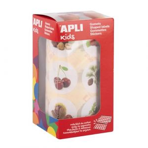 APLI Kids 20052 - Rouleau de gommettes éducatives rondes de 33 mm avec des illustrations sur les arbres et leurs fruits.