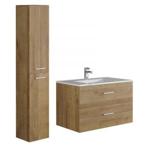 Meuble de salle de bain suspendu simple vasque avec colonne de rangement - Coloris naturel clair - 80 cm - KAYLA