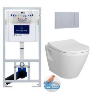 Villeroy & Boch Pack wc bâti-support + wc sans bride Vitra Integra + Abattant softclose + Plaque chrome (ViConnectIntegraRim2-3)