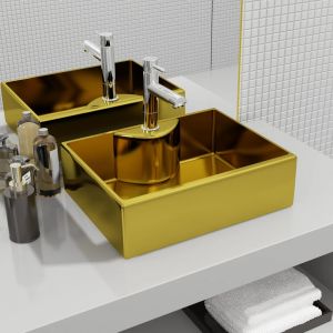 Image de VidaXL Lavabo avec trou pour robinet 48 x 37 x 13,5 cm Céramique Doré