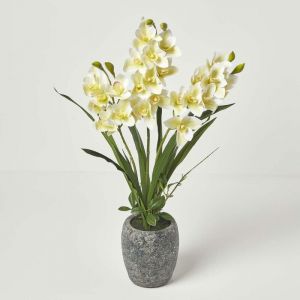 Grande Orchid&eacute;e artificielle jaune en pot fonc&eacute; en ciment 82 cm