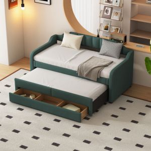 Lit banquette avec tiroirs rembourré en lin - 90x200cm + 90x190cm - Vert Sapin