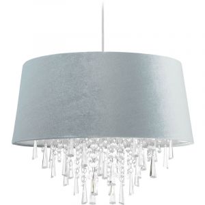 Relaxdays Lampe à suspension, luminaire, abat-jour aspect velours, HxD : 140x45,5 cm, cristaux, E27, salon, gris