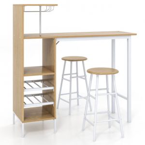 Coast - Ensemble de table de bar 3 pièces avec 2 tabourets de bar et compartiments de rangement - 120 x 40 x 121,5 cm - Or - Blanc