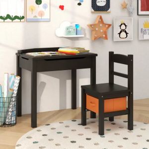 COSTWAY Table et Chaise Enfants - Plateau Rabattable, Espace de Stockage Cach&eacute;, 1 Tiroir de Rangement, 1 Crochet pour Sac Caf&eacute;