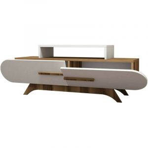 Dmora - Meuble tv Dkastano, Buffet de salon, Armoire basse pour tv, Base murale de rangement, 145x37h50 cm, Noyer et Blanc