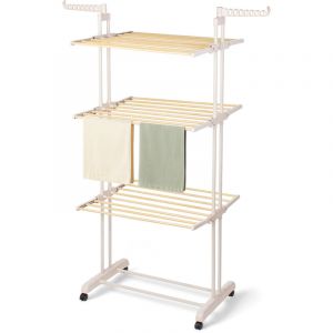 Todeco &Eacute;tendoir &agrave; Linge Int&eacute;rieur 3 Niveaux, Tubes Effet Bois avec Ailes Pivotantes, Ch&acirc;ssis Ivoire Latte, Harmony Collection