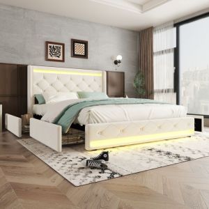 Lit adulte rembourré en velours 140x200 cm - avec LED et 4 tiroirs - avec sommier à lattes - Beige