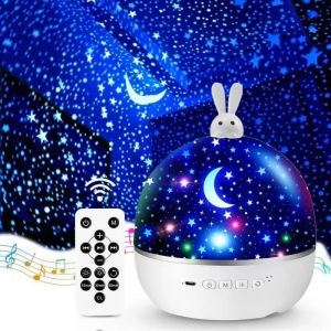 Lapin Veilleuse Bébé Projecteur Ciel Etoile,Bluetooth Veilleuse Musicale et Lumineuse,360Rotation Veilleuse Enfant Rechargeable