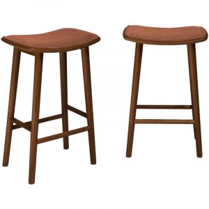 Lot de 2 tabourets de bar vintage bois d'hévéa noyer et velours côtelé - 46.5 x 31 x 70 cm - Louna Noyer / Terracotta