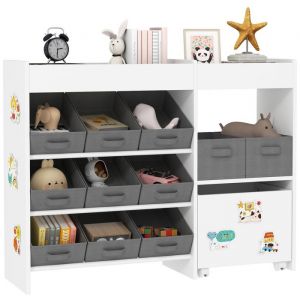 &Eacute;tag&egrave;re &agrave; jouets pour enfants - AIYAPLAY - cabinet sur roulettes, 11 bacs de rangements en tissu non tiss&eacute; - blanc
