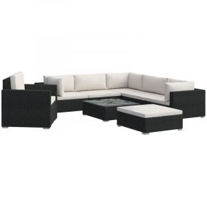 VidaXL Salon de jardin 8 pcs avec coussins résine tressée noir - Noir et blanc